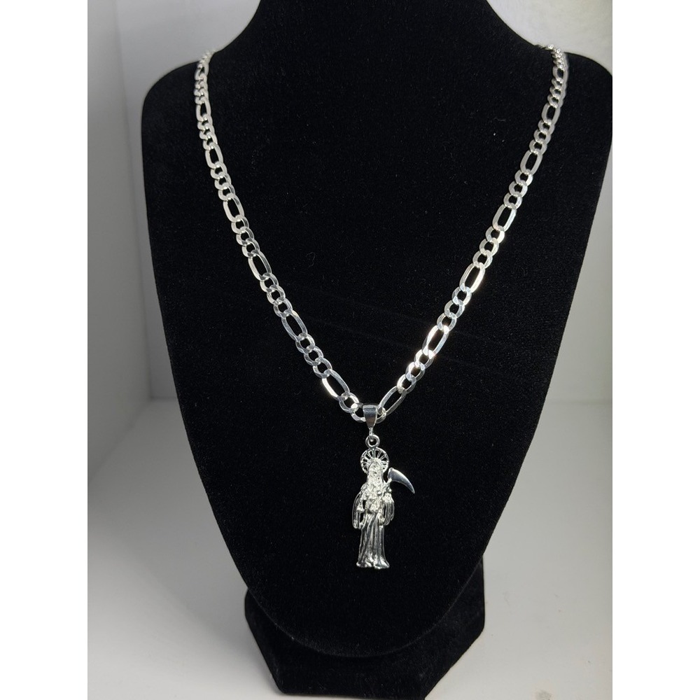 925 Sterling Silver Santa Muerte Pendant 24 Inch 5.6mm Figaro Chain Necklace